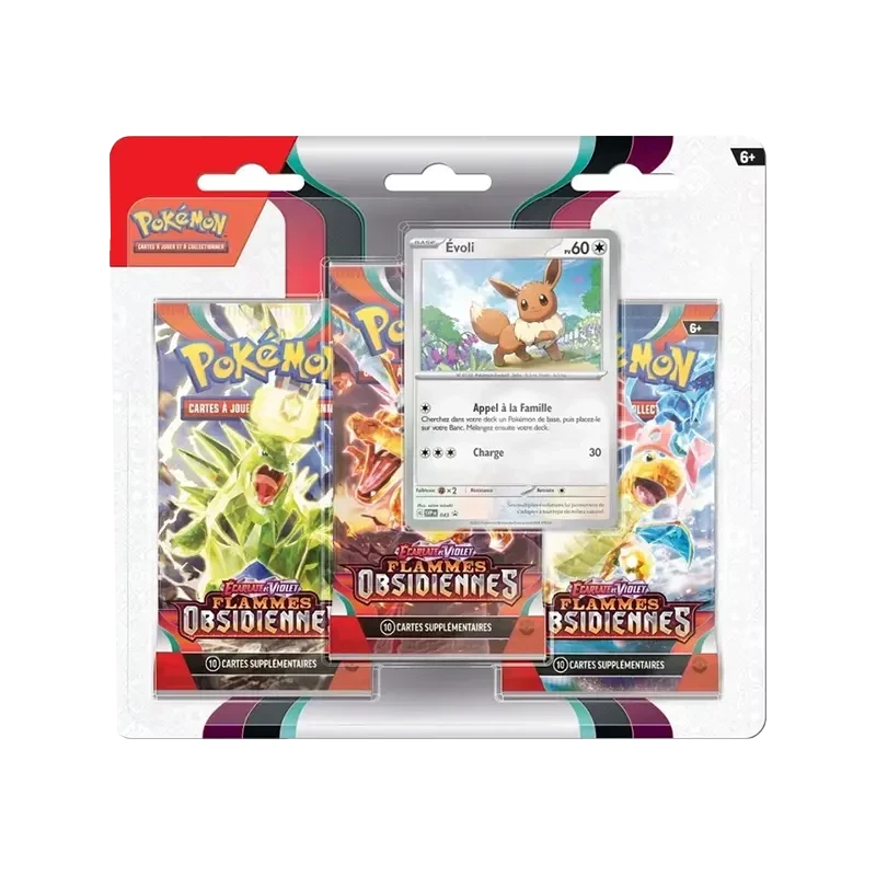 Pokémon TCG EV03 Flammes Obsidiennes - Tripack FR - vue de face Evoli | NK - Nordikards