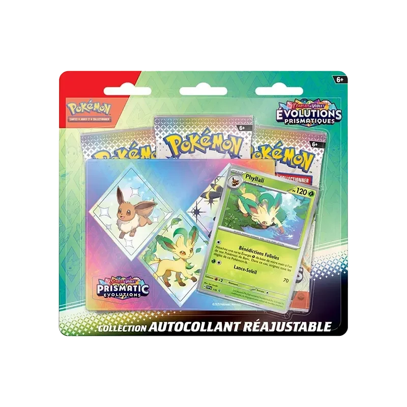 Pokémon TCG EV08.5 Evolutions Prismatiques - Tripack Collection Autocollant FR - vue de face Phyllali | NK - Nordikards